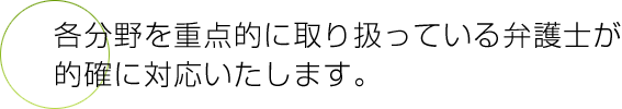 各分野を重点的に取り扱っている弁護士が的確に対応いたします。